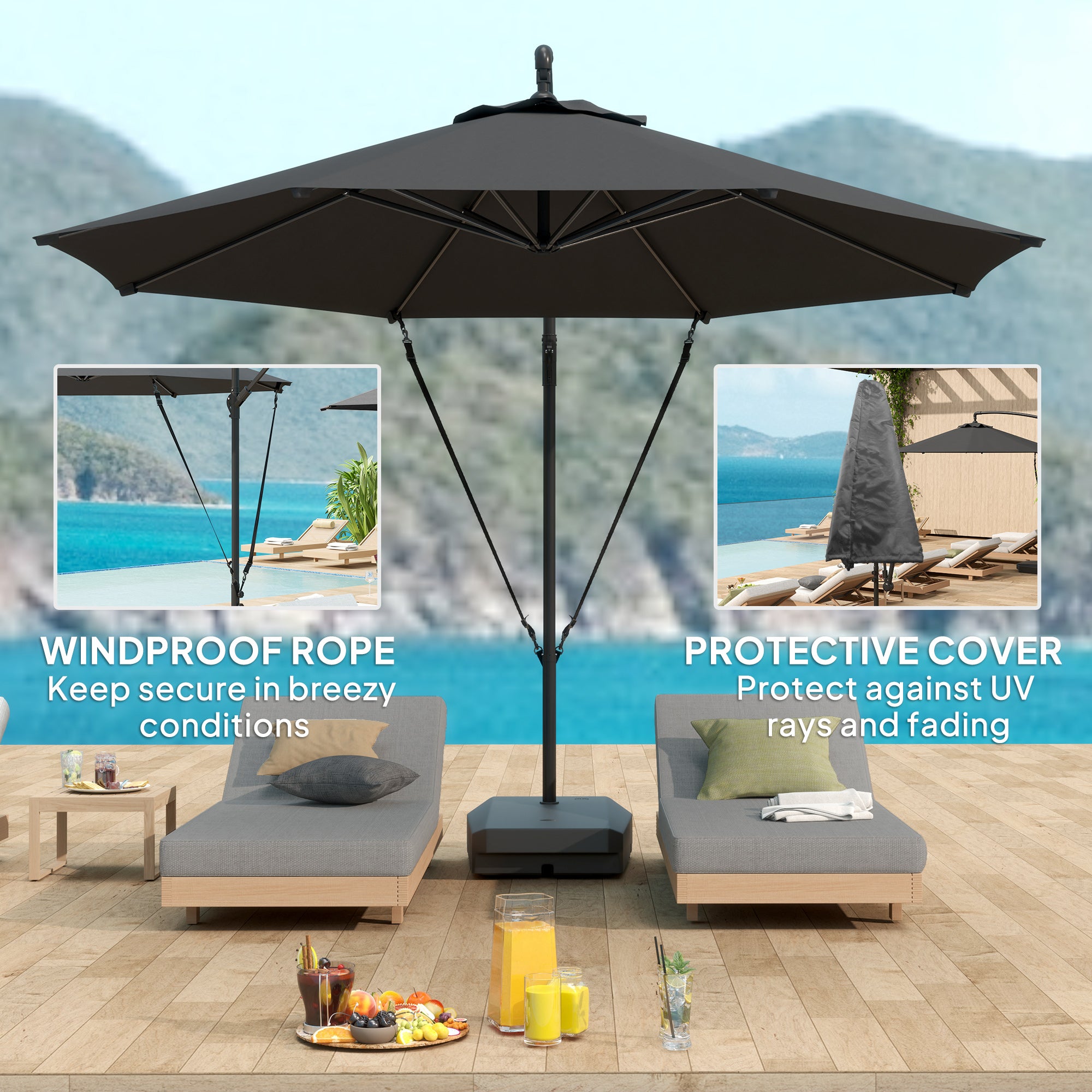 10FT Cantilever Umbrella UPF50+ Grey with Base & Cover-DECOROLALA