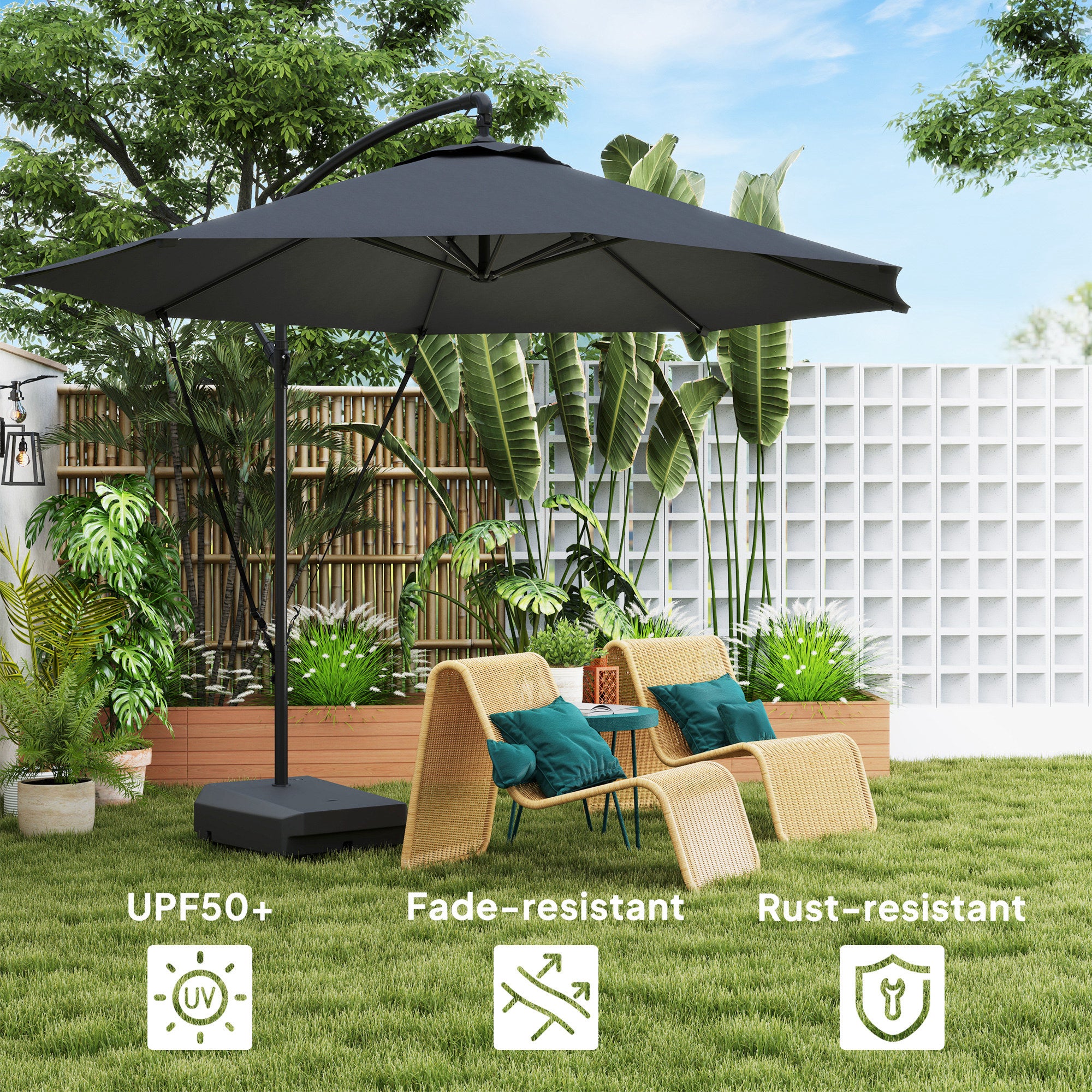 10FT Cantilever Umbrella UPF50+ Grey with Base & Cover-DECOROLALA