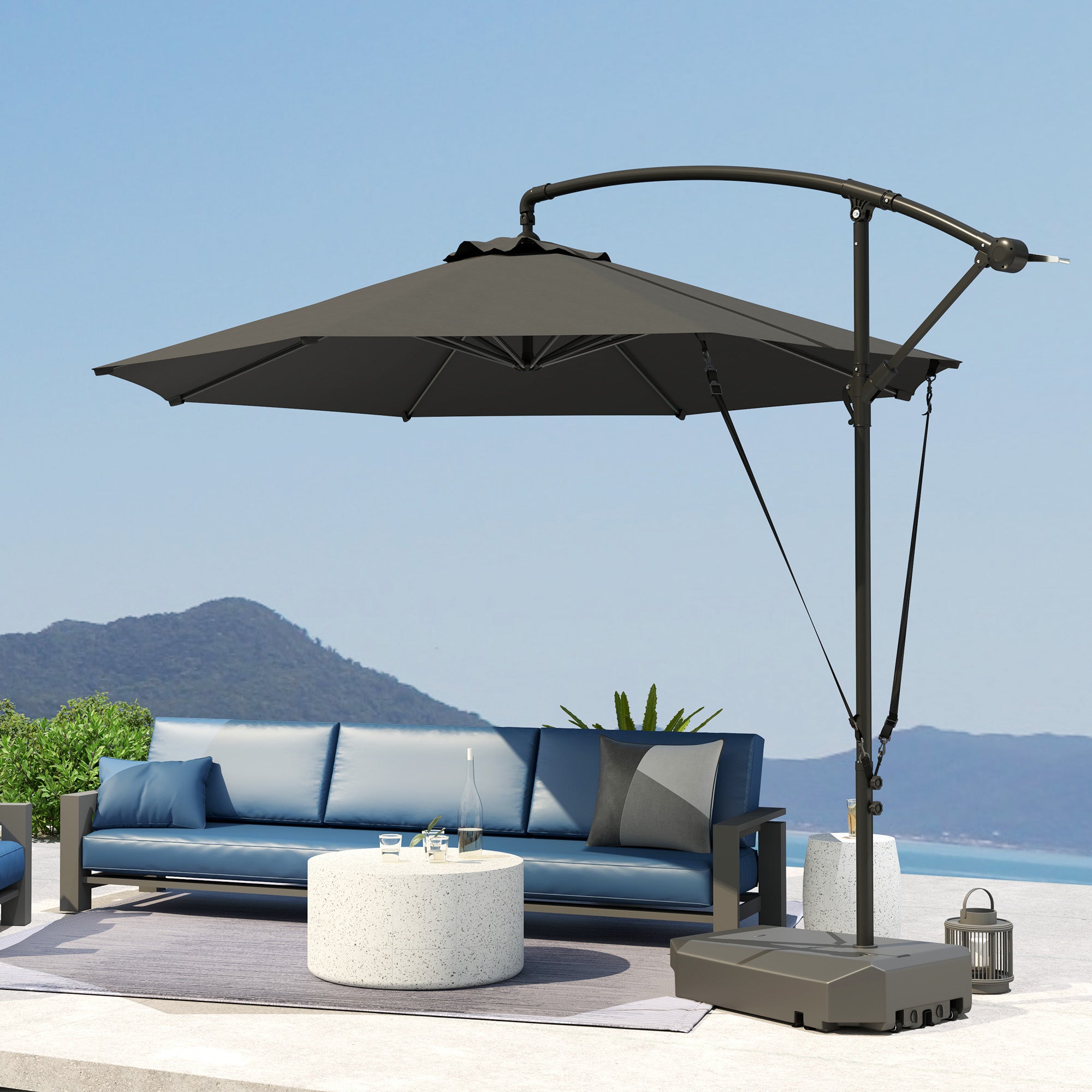 10FT Cantilever Umbrella UPF50+ Grey with Base & Cover-DECOROLALA