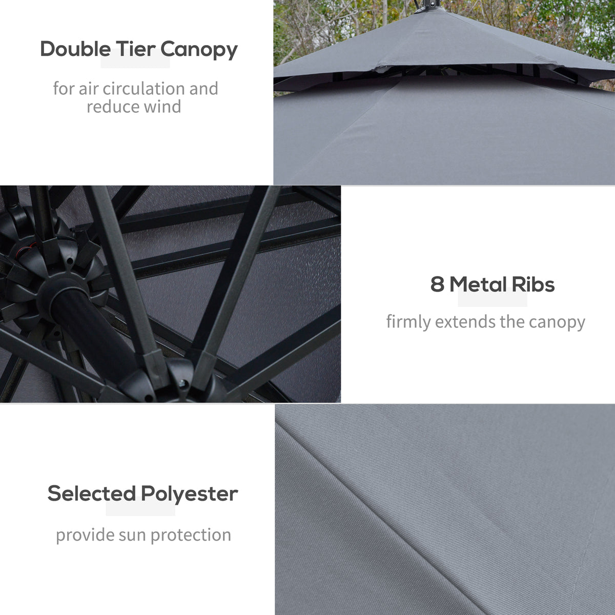 10FT Patio Umbrella with Solar Lights, Grey, Cantilever Design, Crank Handle-DECOROLALA