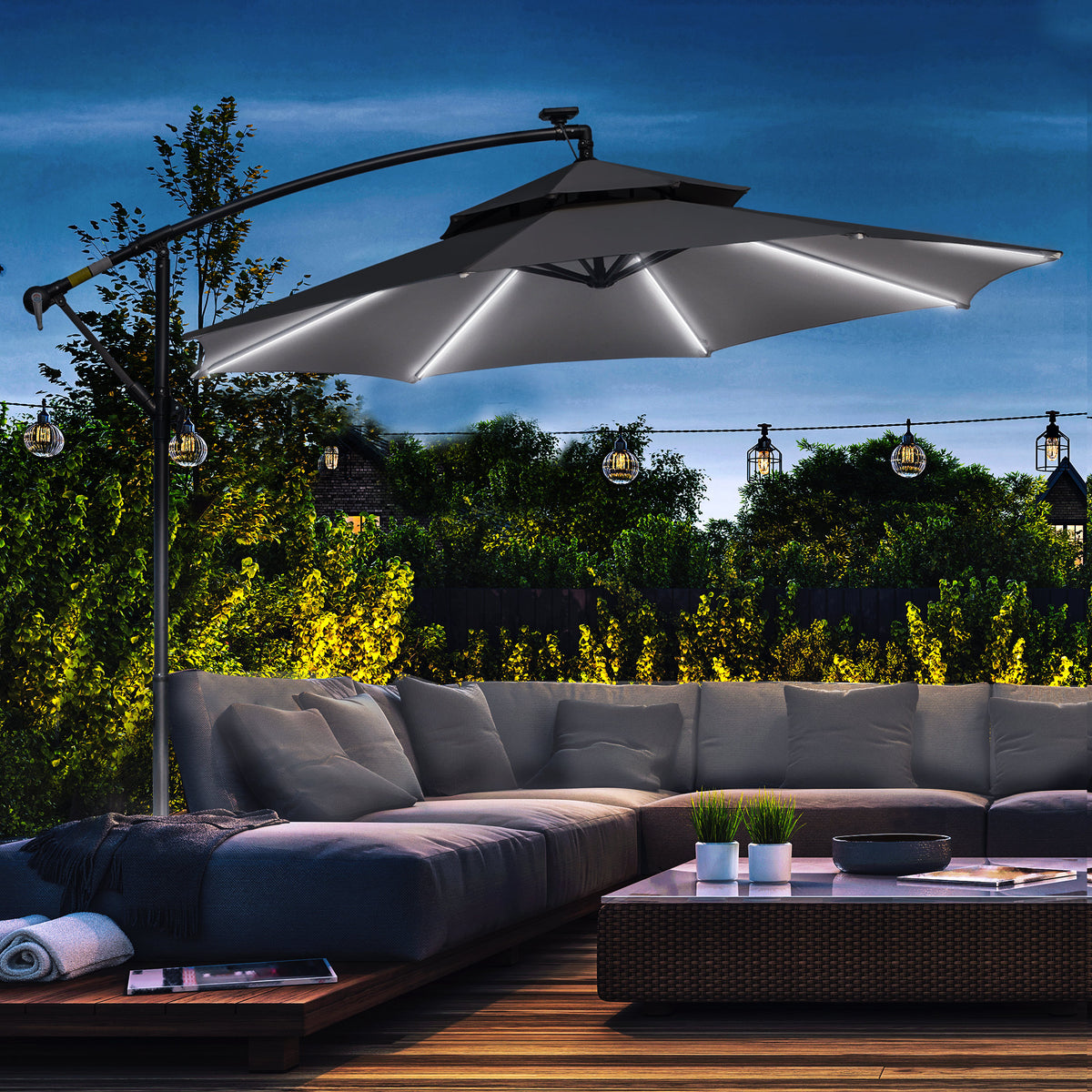 10FT Patio Umbrella with Solar Lights, Grey, Cantilever Design, Crank Handle-DECOROLALA