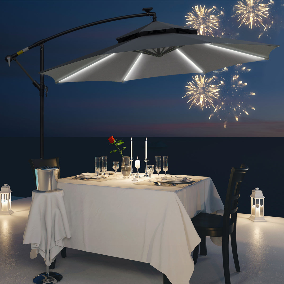 10FT Patio Umbrella with Solar Lights, Grey, Cantilever Design, Crank Handle-DECOROLALA