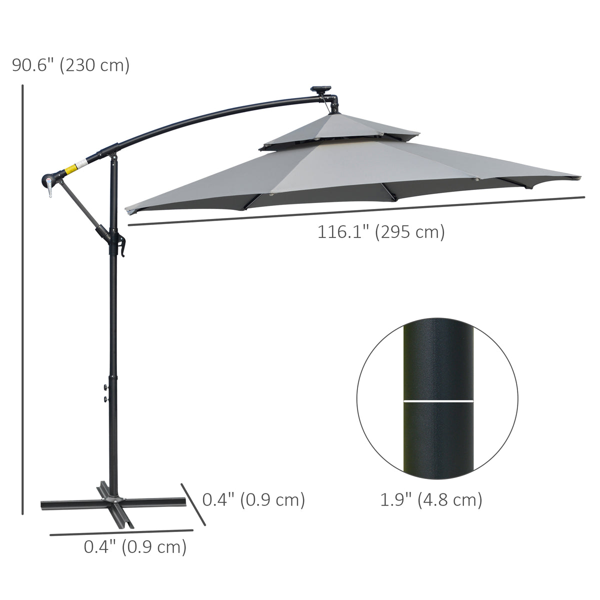 10FT Patio Umbrella with Solar Lights, Grey, Cantilever Design, Crank Handle-DECOROLALA
