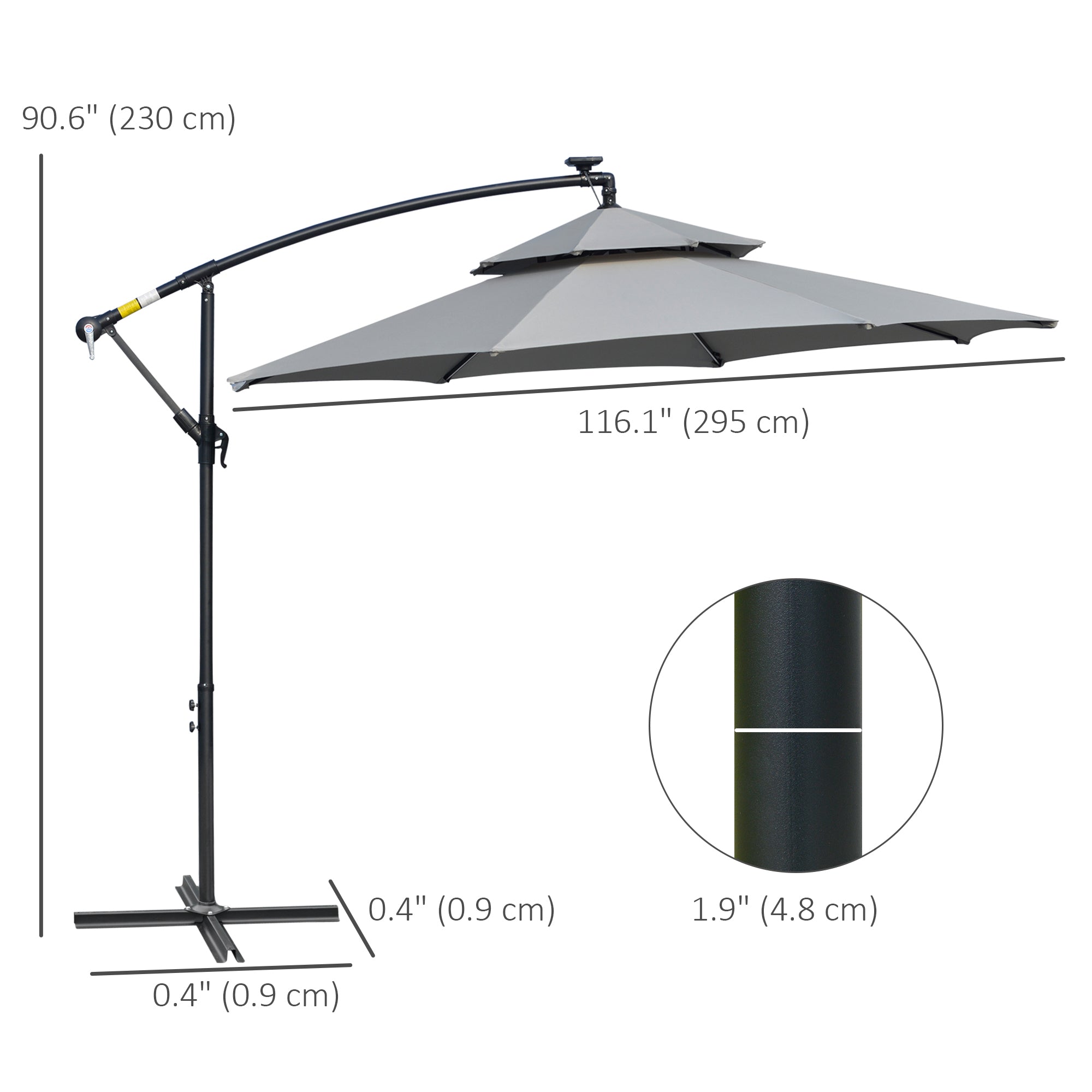 10FT Patio Umbrella with Solar Lights, Grey, Cantilever Design, Crank Handle-DECOROLALA