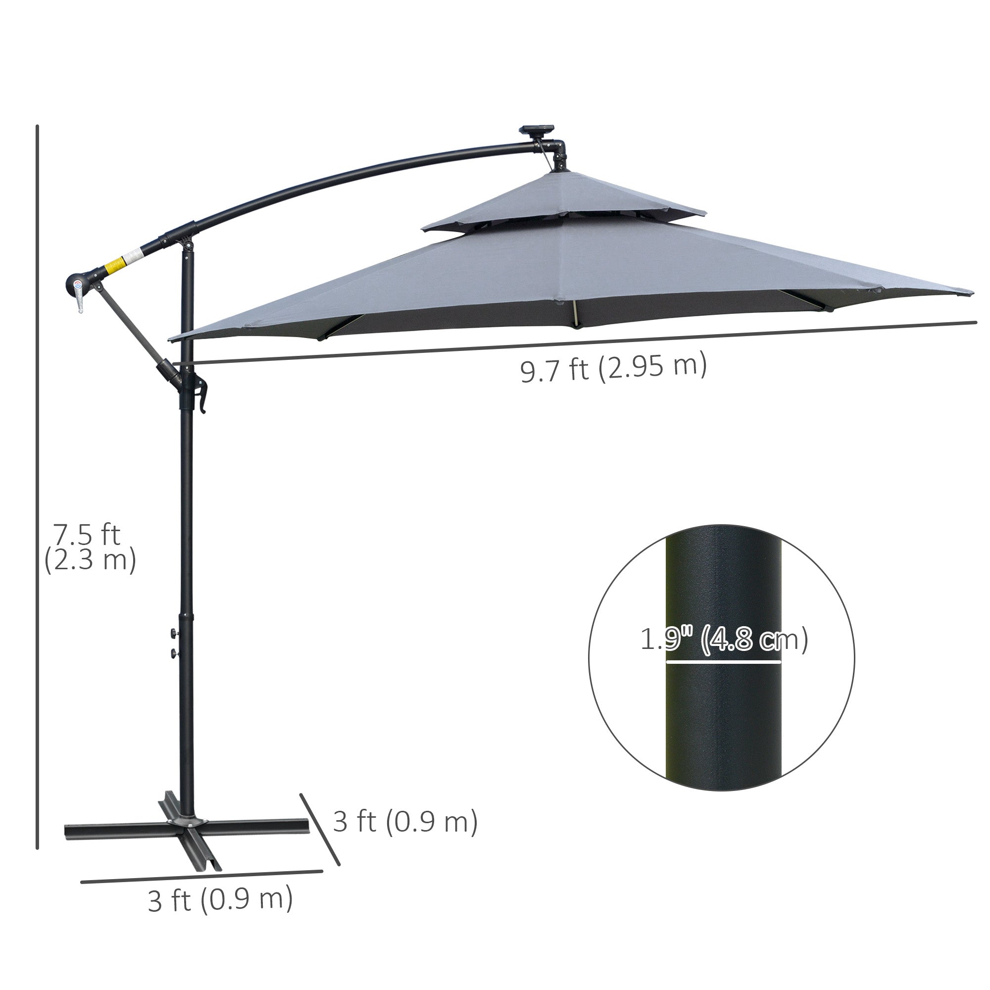 10FT Patio Umbrella with Solar Lights, Grey, Cantilever Design, Crank Handle-DECOROLALA