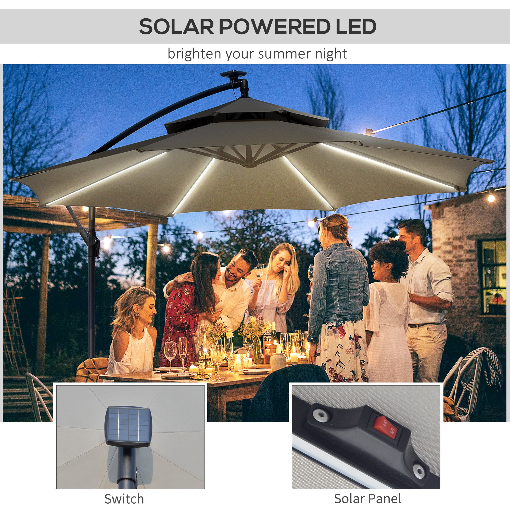 10FT Patio Umbrella with Solar Lights, Grey, Cantilever Design, Crank Handle-DECOROLALA