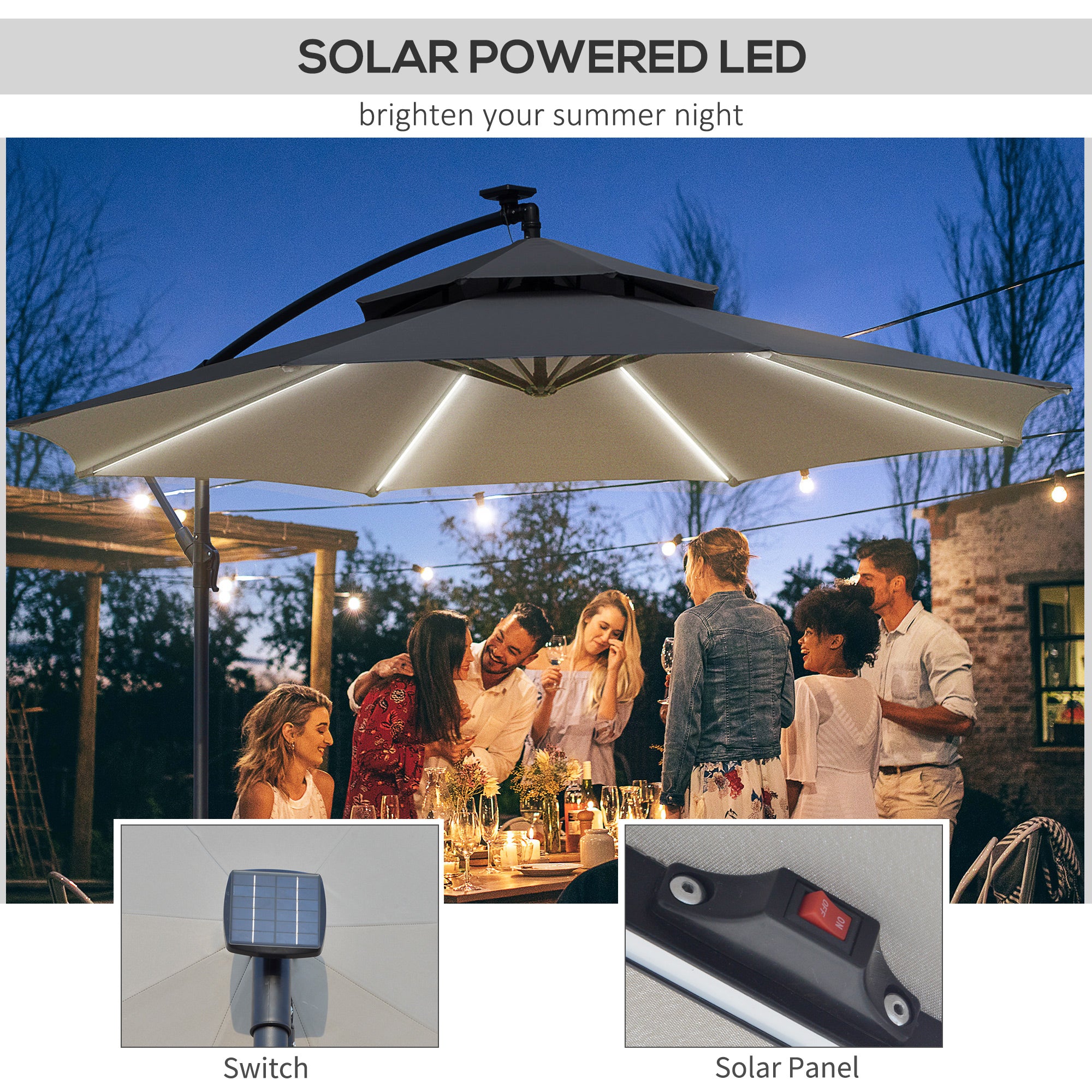 10FT Patio Umbrella with Solar Lights, Grey, Cantilever Design, Crank Handle-DECOROLALA