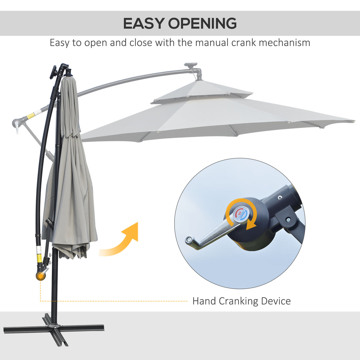10FT Patio Umbrella with Solar Lights, Grey, Cantilever Design, Crank Handle-DECOROLALA