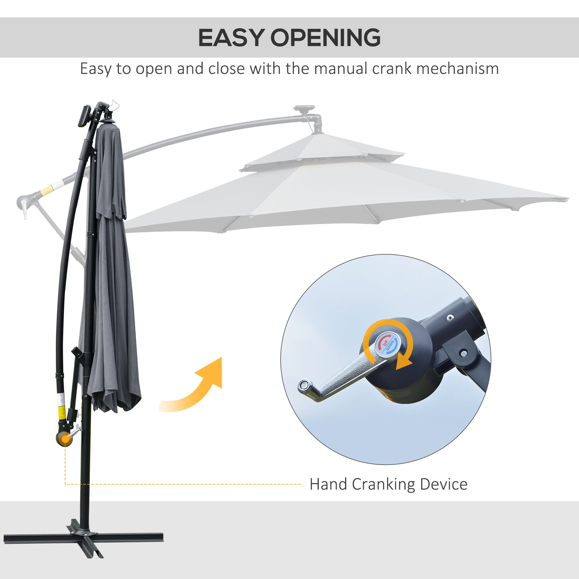 10FT Patio Umbrella with Solar Lights, Grey, Cantilever Design, Crank Handle-DECOROLALA