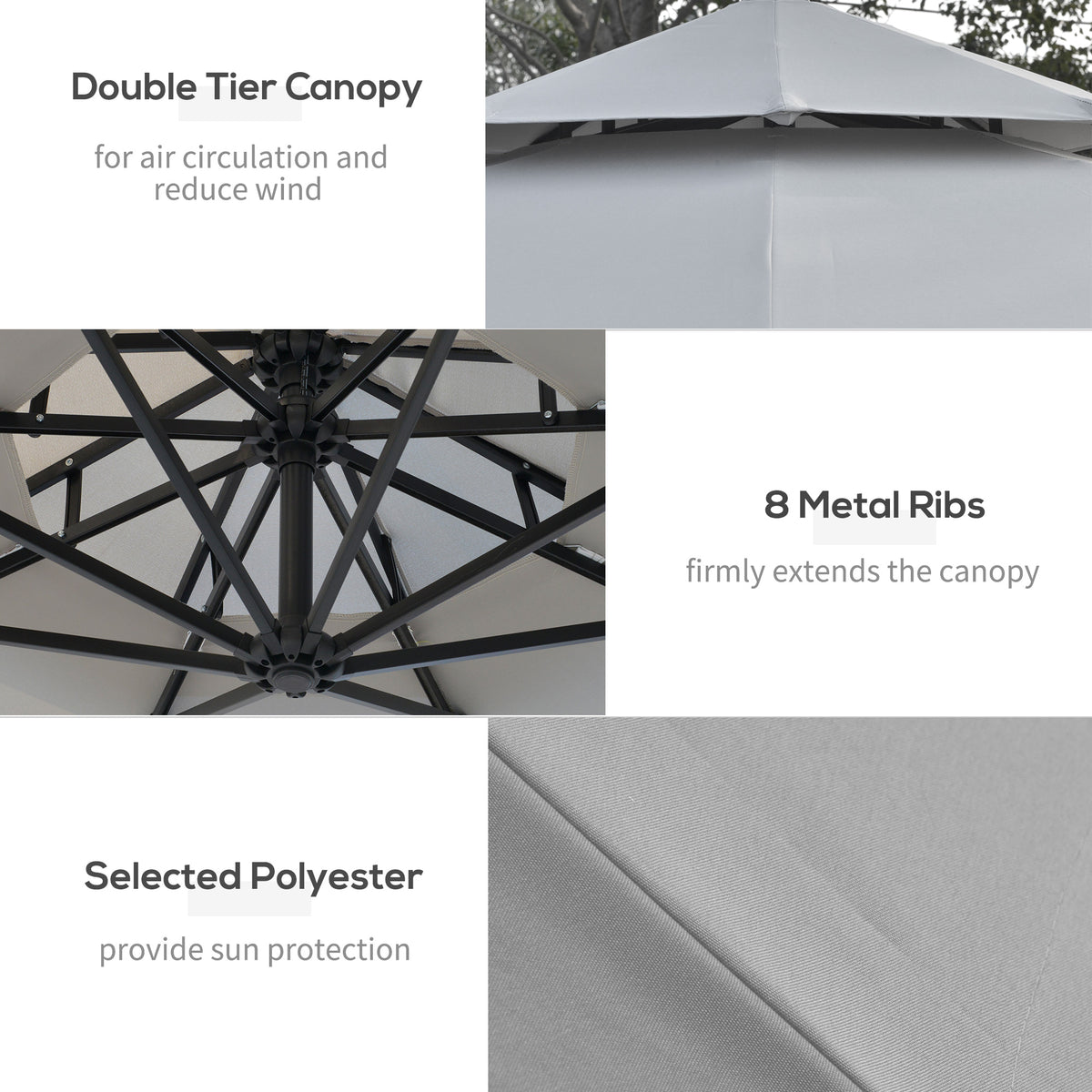 10FT Patio Umbrella with Solar Lights, Grey, Cantilever Design, Crank Handle-DECOROLALA