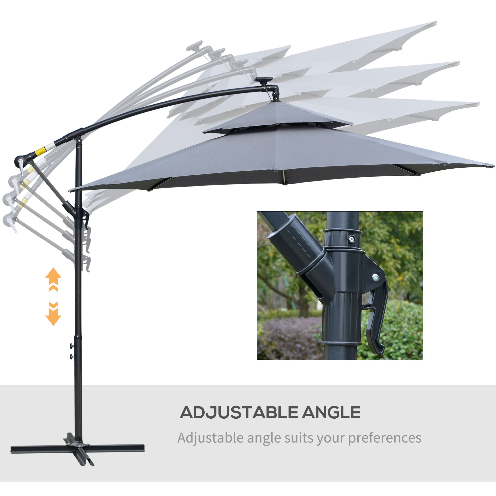 10FT Patio Umbrella with Solar Lights, Grey, Cantilever Design, Crank Handle-DECOROLALA