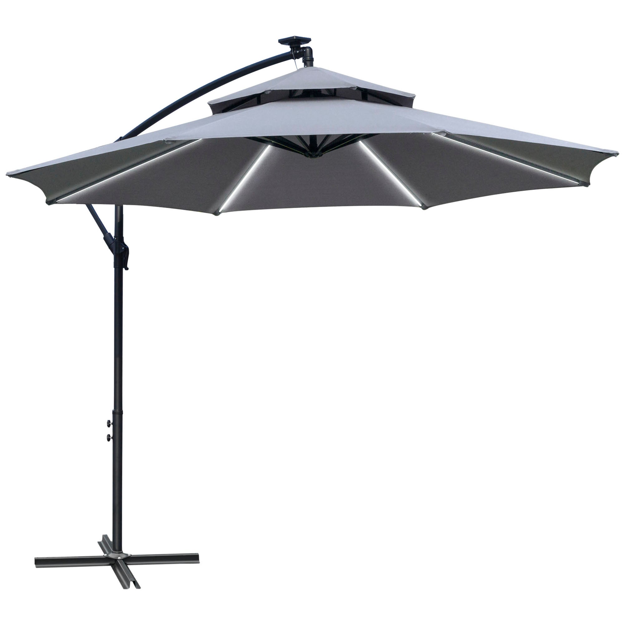 10FT Patio Umbrella with Solar Lights, Grey, Cantilever Design, Crank Handle-DECOROLALA