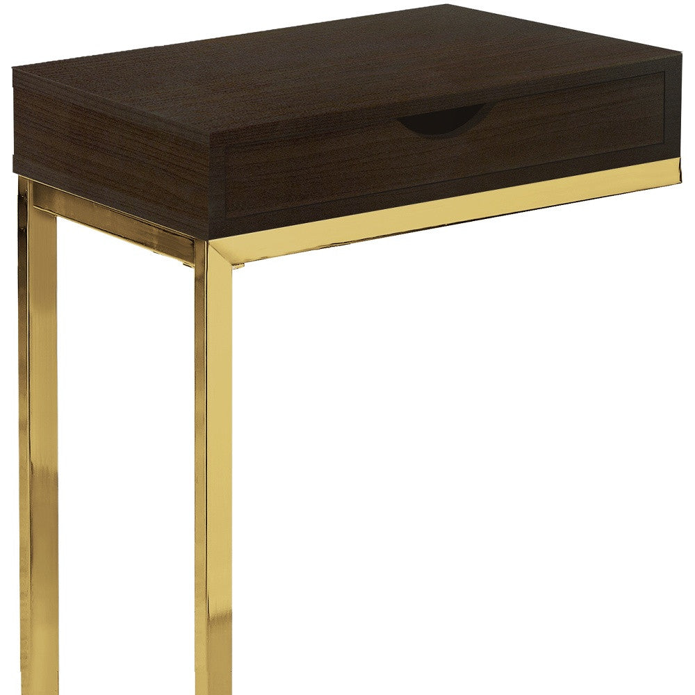 10.25" X 15.75" X 24.5" Cappuccino Finish And Gold Laminated Drawer Accent Table-Tray Tables-DECOROLALA