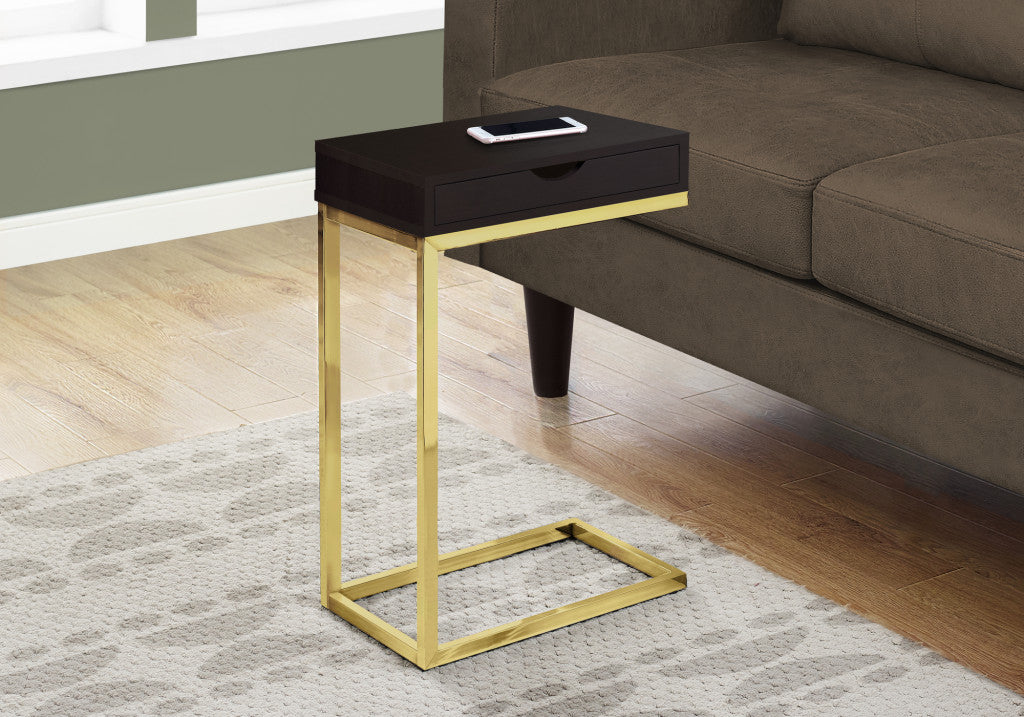 10.25" X 15.75" X 24.5" Cappuccino Finish And Gold Laminated Drawer Accent Table-Tray Tables-DECOROLALA