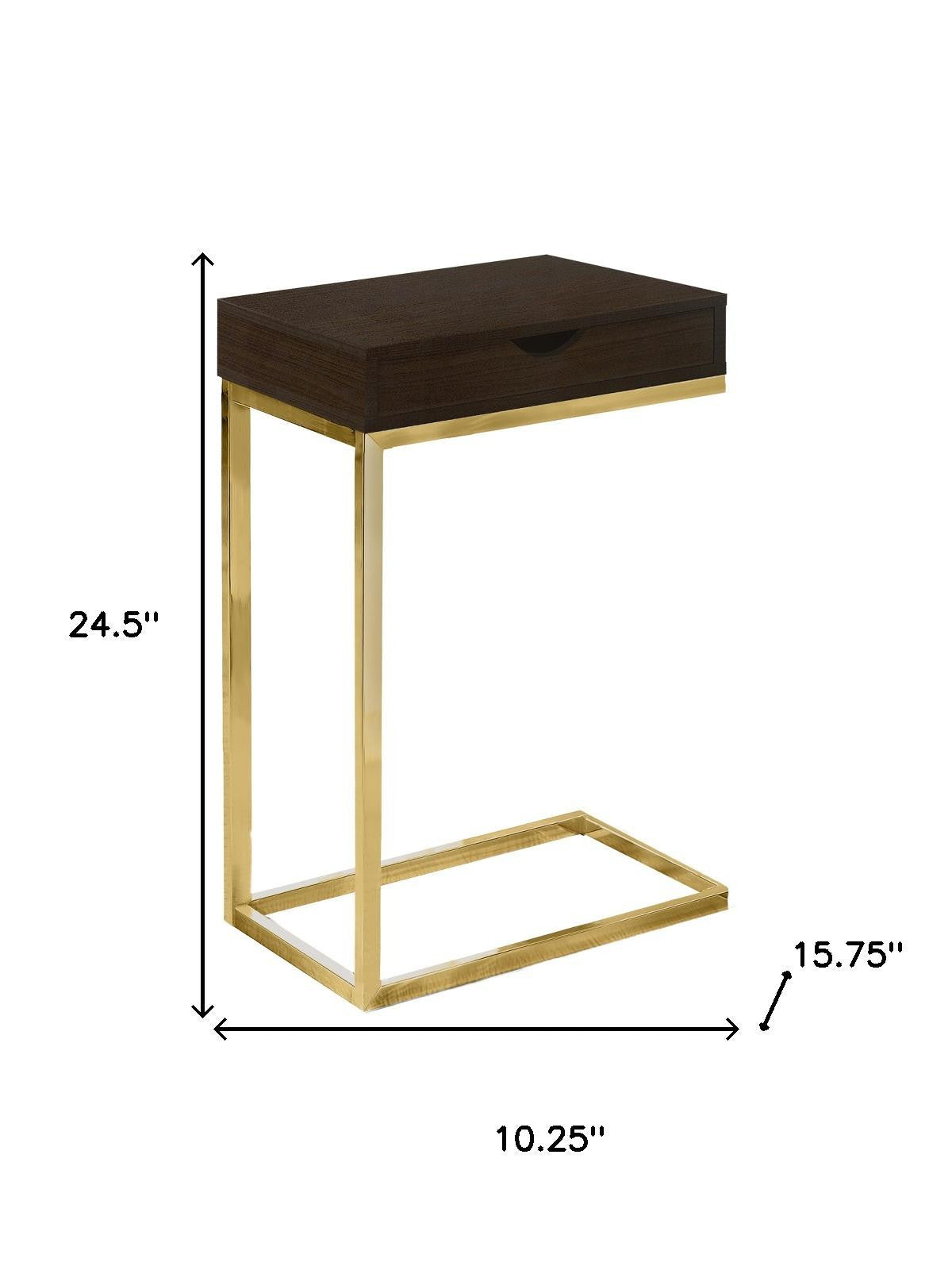 10.25" X 15.75" X 24.5" Cappuccino Finish And Gold Laminated Drawer Accent Table-Tray Tables-DECOROLALA