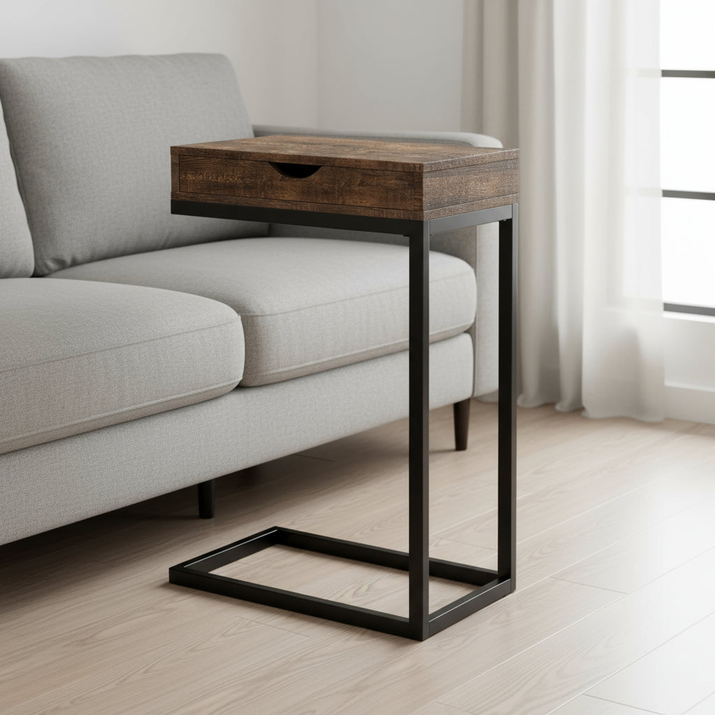 10.25" X 15.75" X 24.5" Cappuccino Finish And Gold Laminated Drawer Accent Table-Tray Tables-DECOROLALA