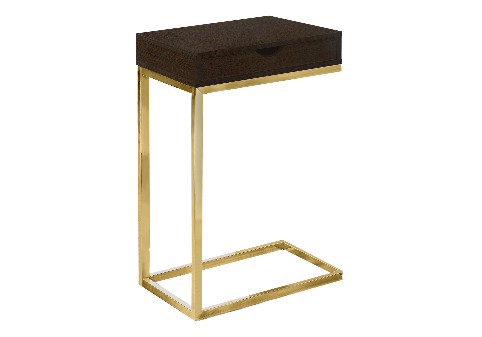 10.25" X 15.75" X 24.5" Cappuccino Finish And Gold Laminated Drawer Accent Table-Tray Tables-DECOROLALA