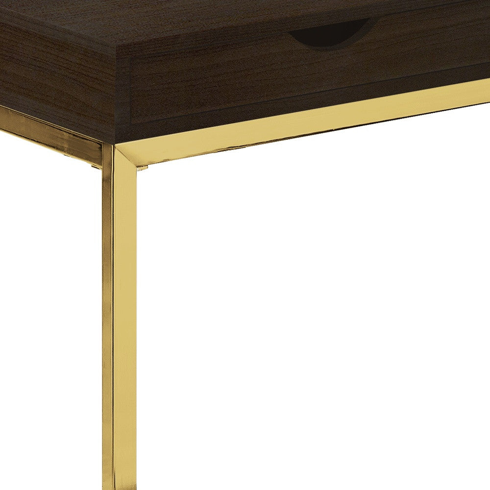 10.25" X 15.75" X 24.5" Cappuccino Finish And Gold Laminated Drawer Accent Table-Tray Tables-DECOROLALA