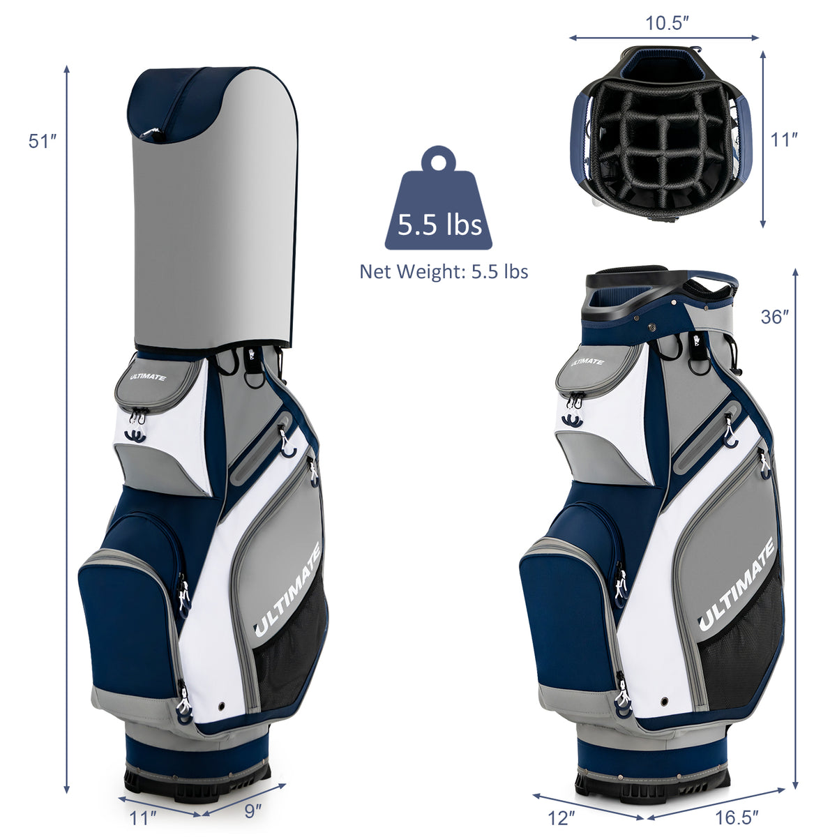 10.5 Inch Golf Stand Bag with 14 Way Dividers and 7 Zippered Pockets-Navy-Golf-DECOROLALA