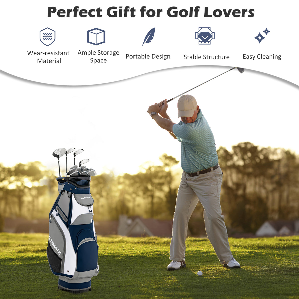 10.5 Inch Golf Stand Bag with 14 Way Dividers and 7 Zippered Pockets-Navy-Golf-DECOROLALA