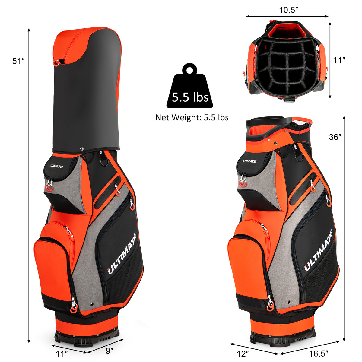 10.5 Inch Golf Stand Bag with 14 Way Dividers and 7 Zippered Pockets-Orange-Golf-DECOROLALA