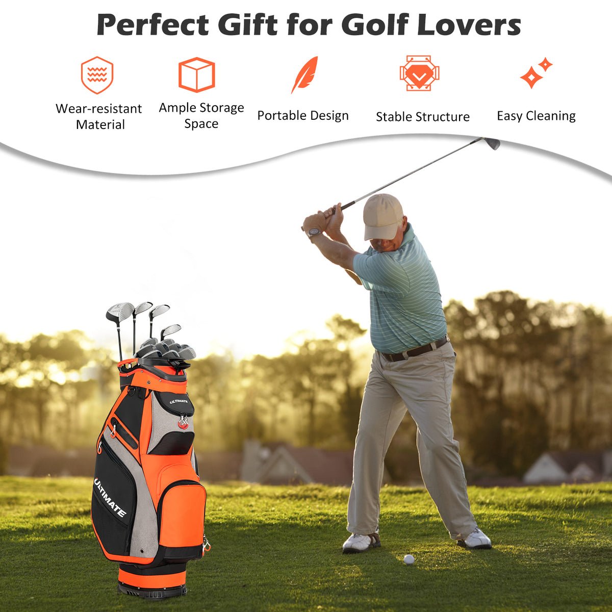 10.5 Inch Golf Stand Bag with 14 Way Dividers and 7 Zippered Pockets-Orange-Golf-DECOROLALA