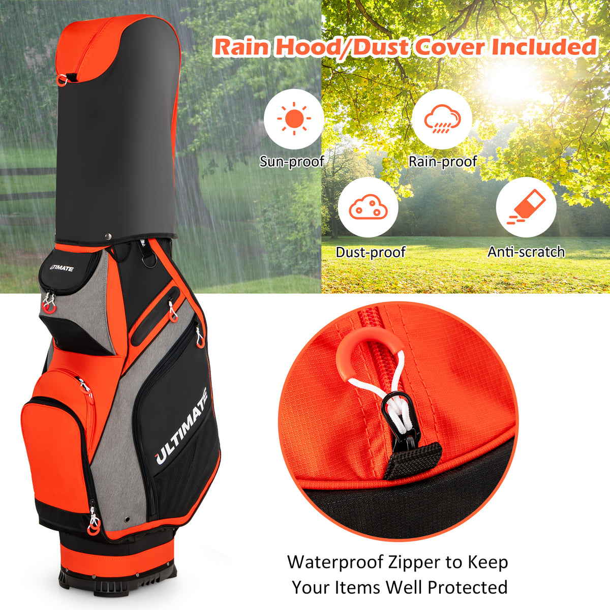 10.5 Inch Golf Stand Bag with 14 Way Dividers and 7 Zippered Pockets-Orange-Golf-DECOROLALA