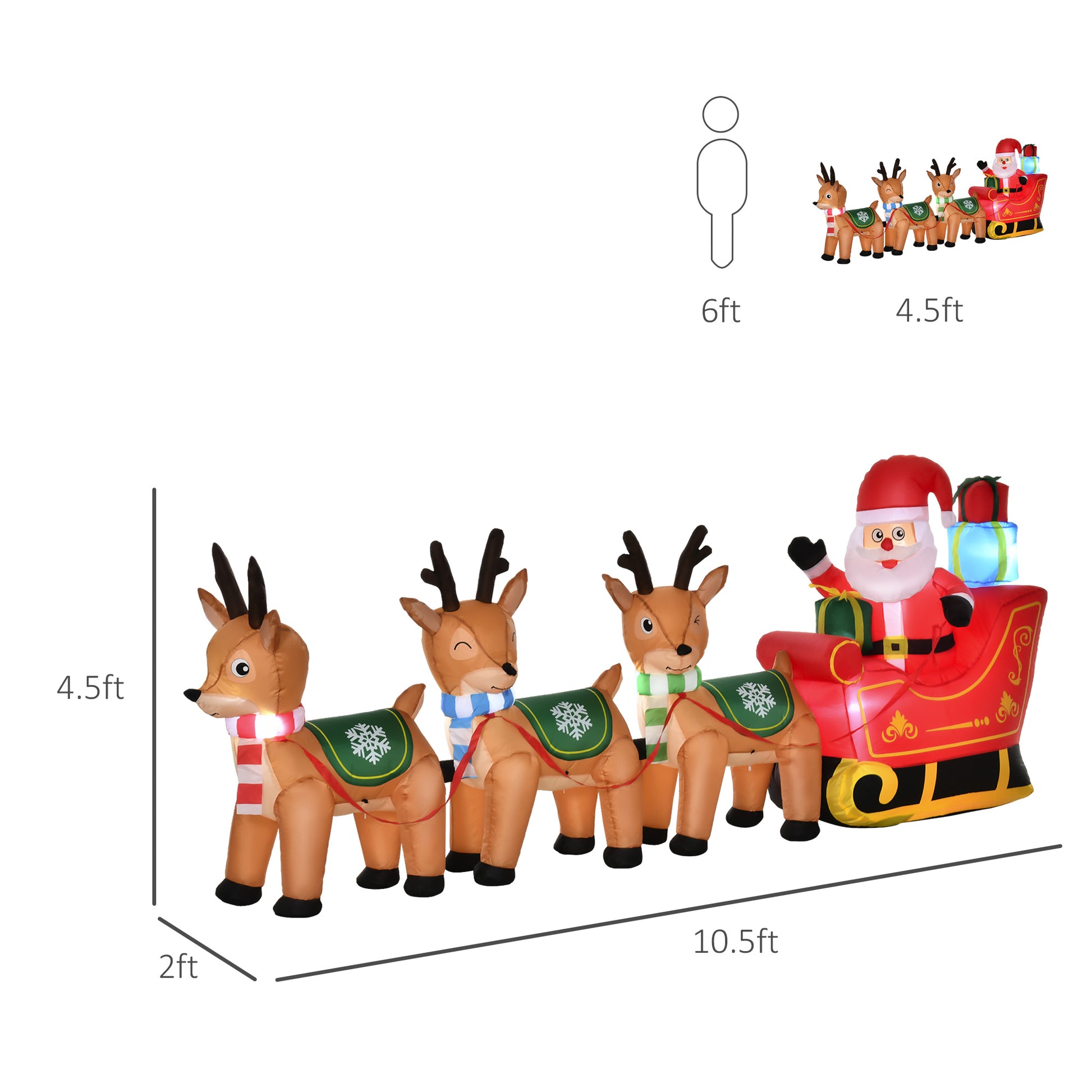 10.5ft Inflatable Santa on Sleigh with 3 Deer and LED Lights-Home Furnishings > Holiday & Seasonal > Christmas Decorations > Christmas Inflatables-DECOROLALA