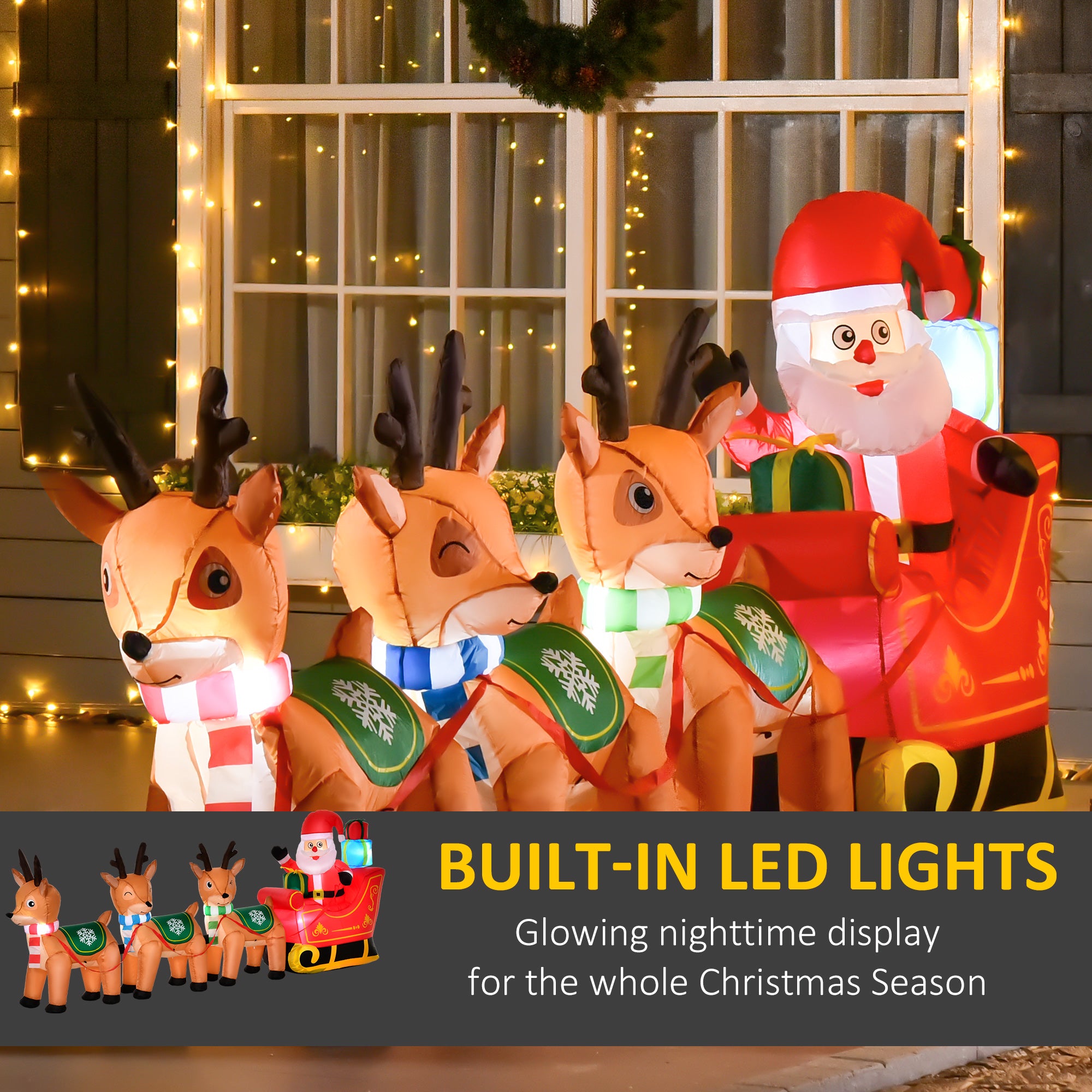 10.5ft Inflatable Santa on Sleigh with 3 Deer and LED Lights-Home Furnishings > Holiday & Seasonal > Christmas Decorations > Christmas Inflatables-DECOROLALA