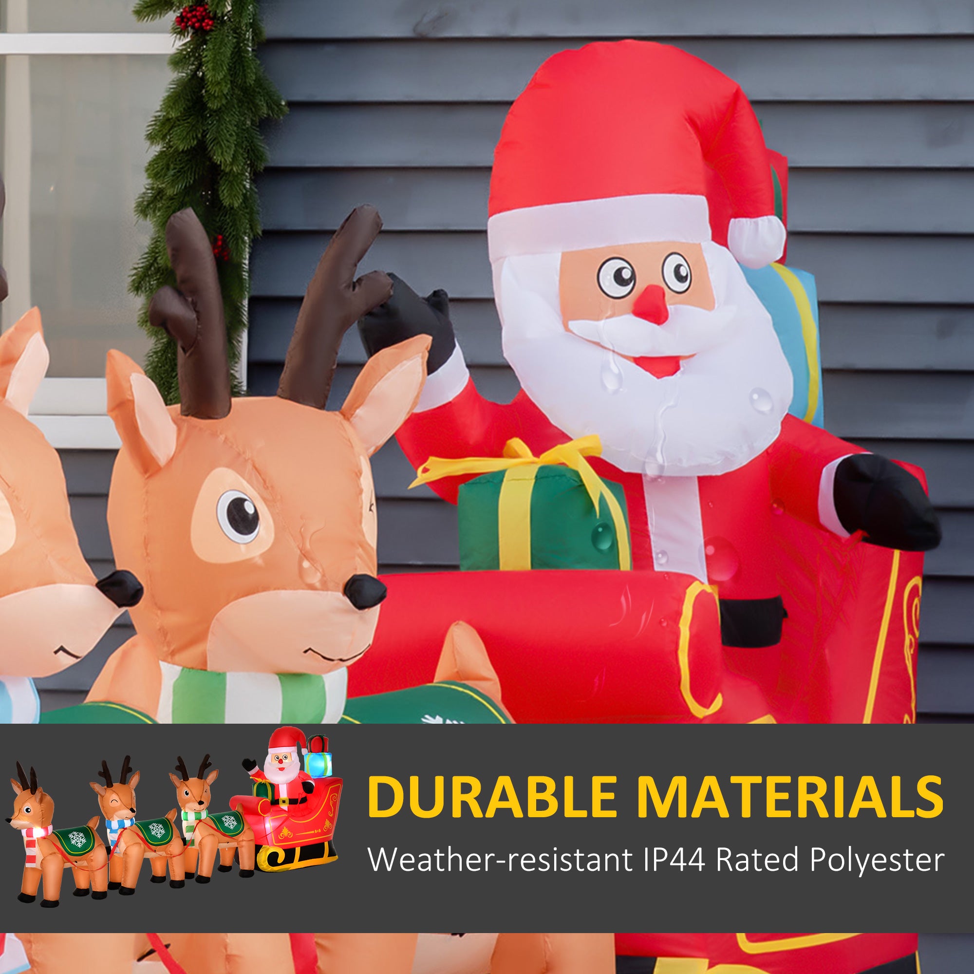 10.5ft Inflatable Santa on Sleigh with 3 Deer and LED Lights-Home Furnishings > Holiday & Seasonal > Christmas Decorations > Christmas Inflatables-DECOROLALA