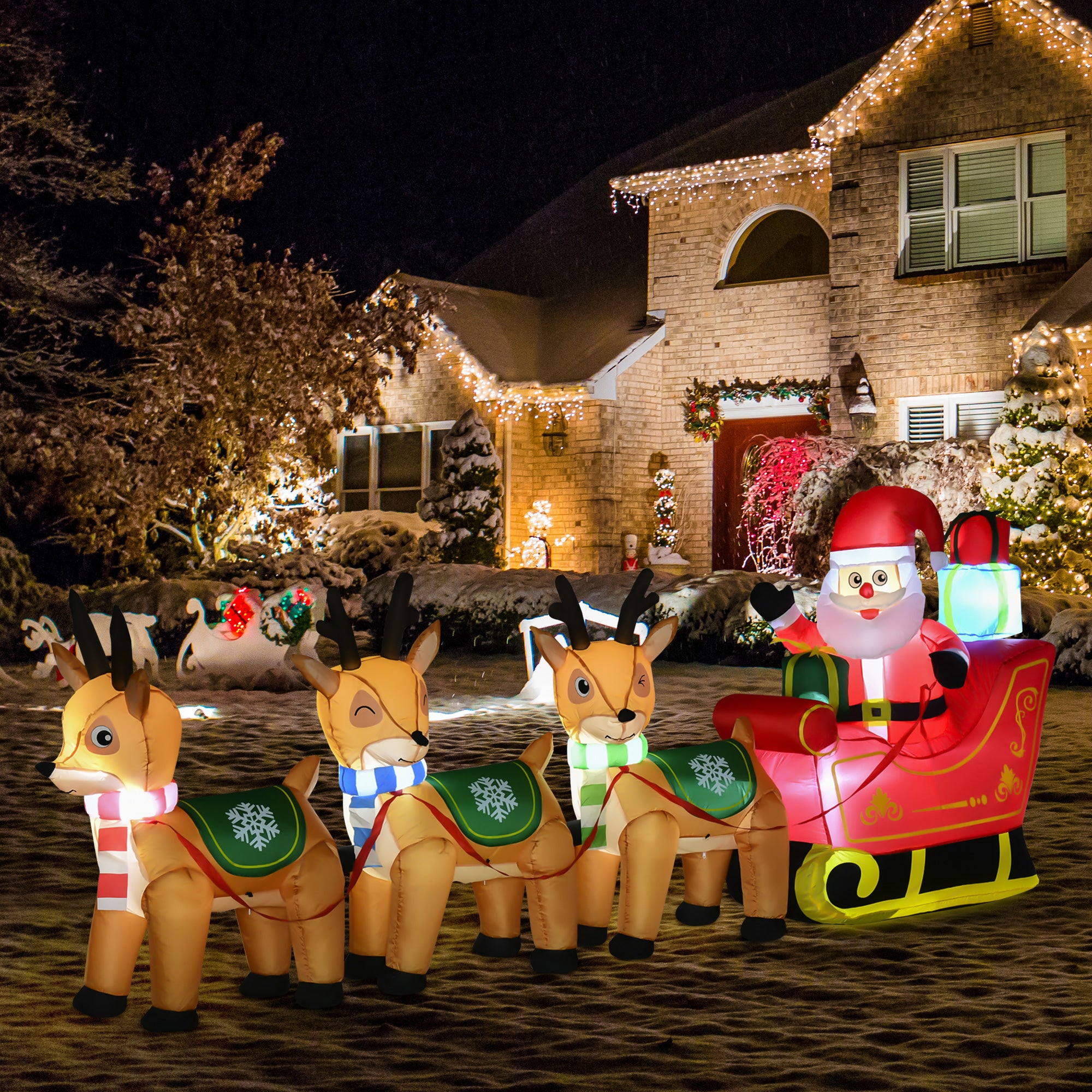 10.5ft Inflatable Santa on Sleigh with 3 Deer and LED Lights-Home Furnishings > Holiday & Seasonal > Christmas Decorations > Christmas Inflatables-DECOROLALA