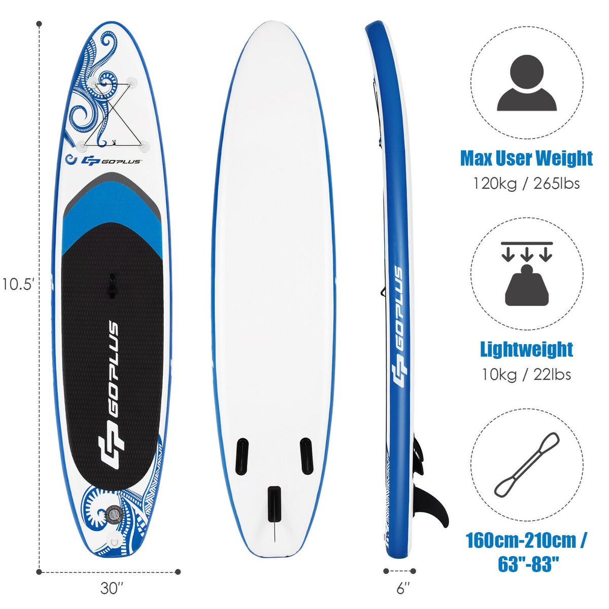 10.6-Feet Inflatable Adjustable Paddle Board with Carry Bag-Surfing-DECOROLALA