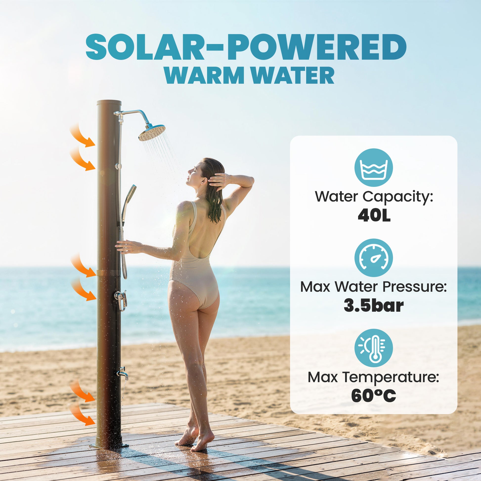 10.6 Gal Solar Heated Outdoor Shower - Black 7.2 FT-DECOROLALA