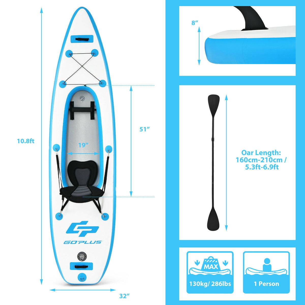 10.8 Feet Inflatable Kayak Set K1 1-Person Sit-On-Top Kayak with Oars-Blue-Surfing-DECOROLALA