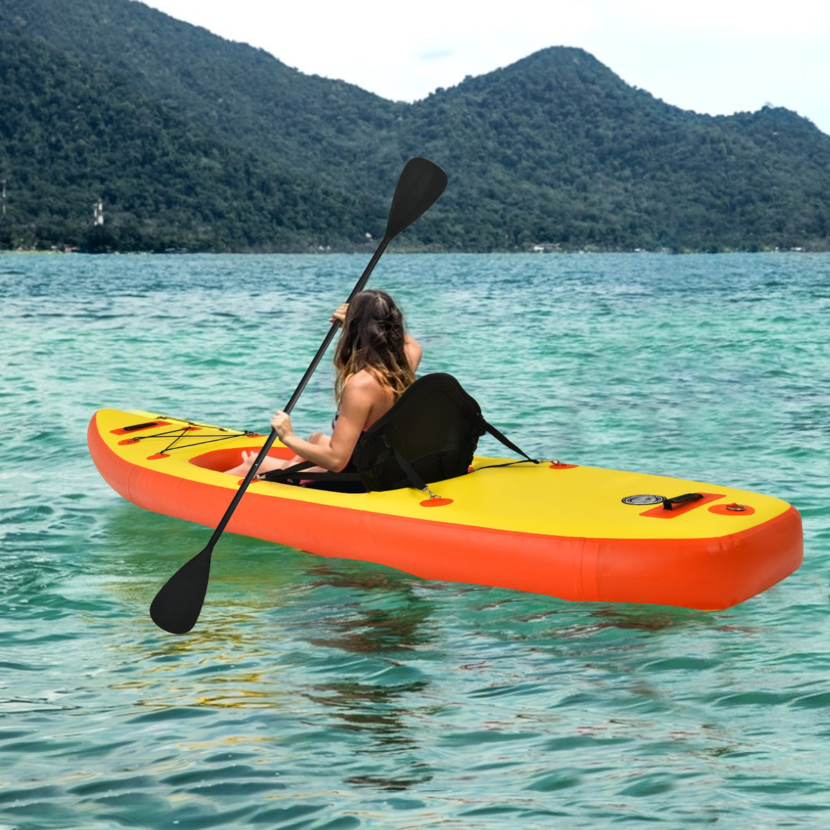 10.8 Feet Inflatable Kayak Set K1 1-Person Sit-On-Top Kayak with Oars-Yellow-Surfing-DECOROLALA