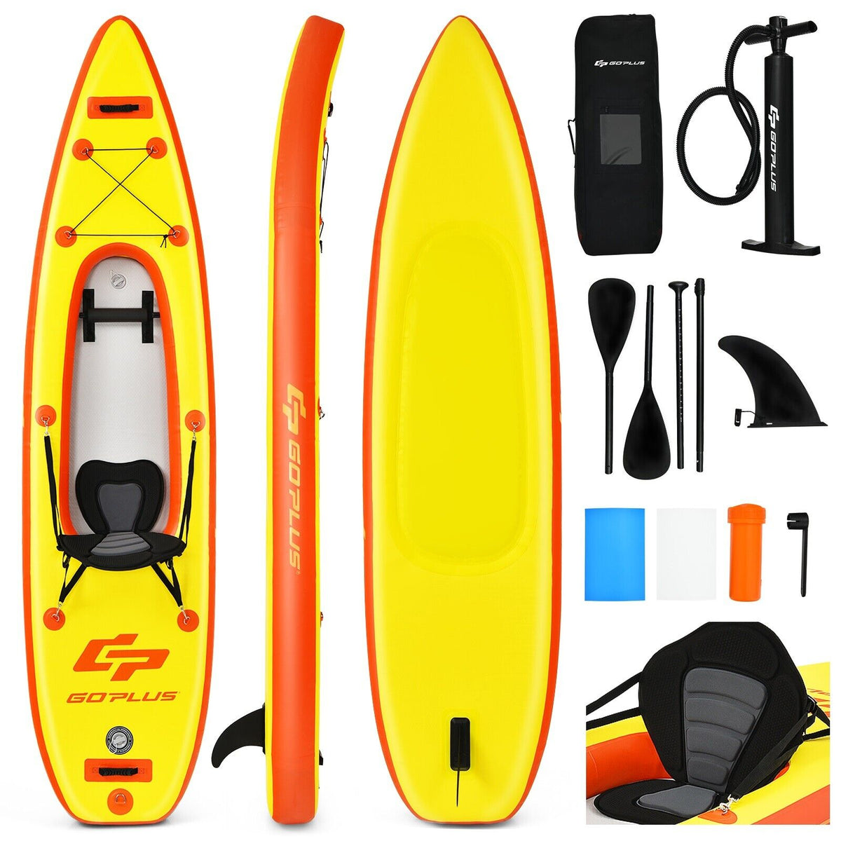 10.8 Feet Inflatable Kayak Set K1 1-Person Sit-On-Top Kayak with Oars-Yellow-Surfing-DECOROLALA