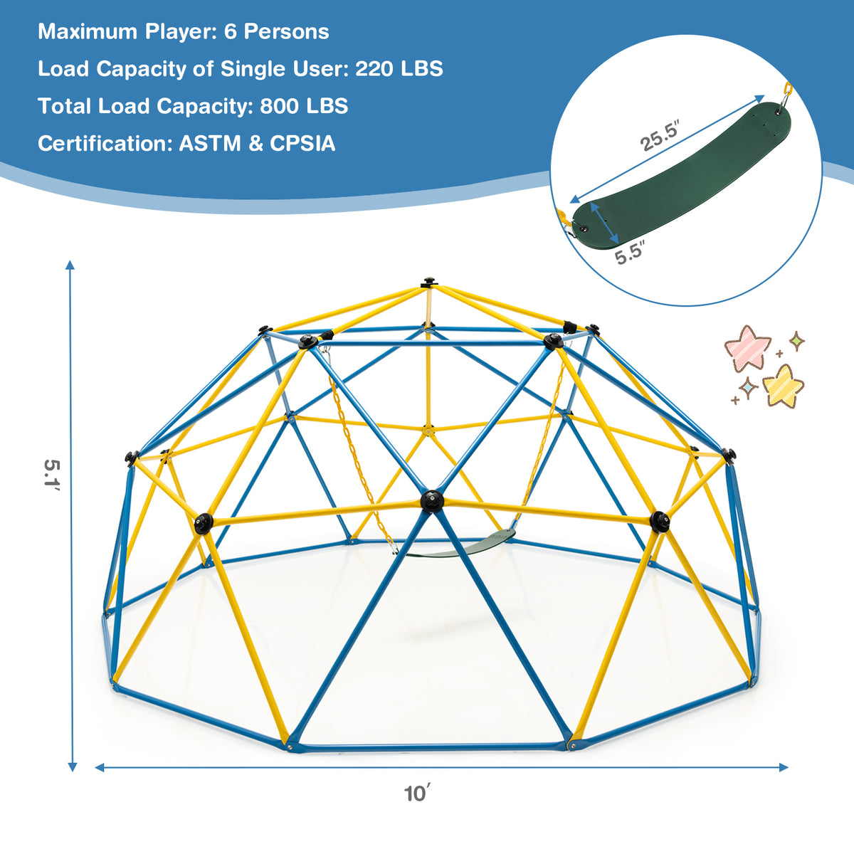 10ft Geometric Dome Climber with Swing - 800 Lbs Capacity-Playground Climbers & Slides-DECOROLALA
