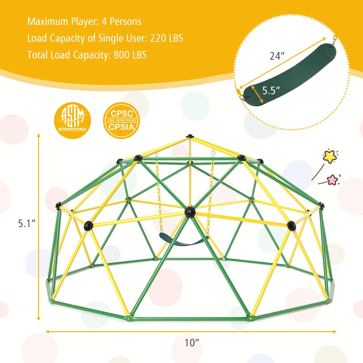 10ft Geometric Dome Climber with Swing - 800 Lbs Capacity-Playground Climbers & Slides-DECOROLALA