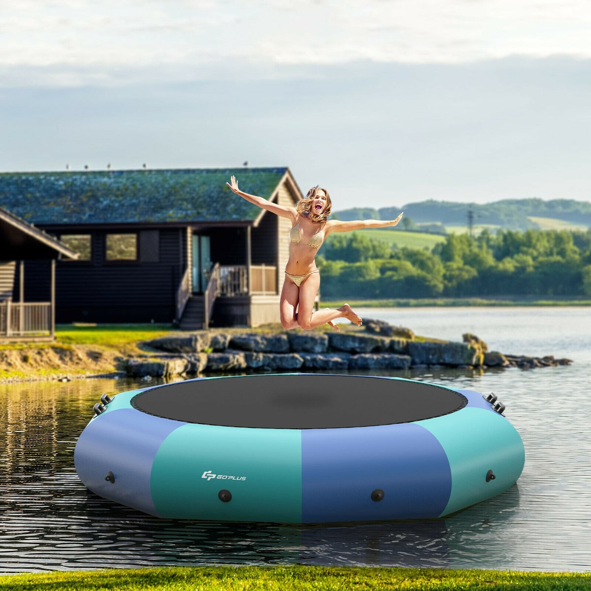 10ft Inflatable Water Bouncer Trampoline with Inflator and Ladder-Trampolines-DECOROLALA
