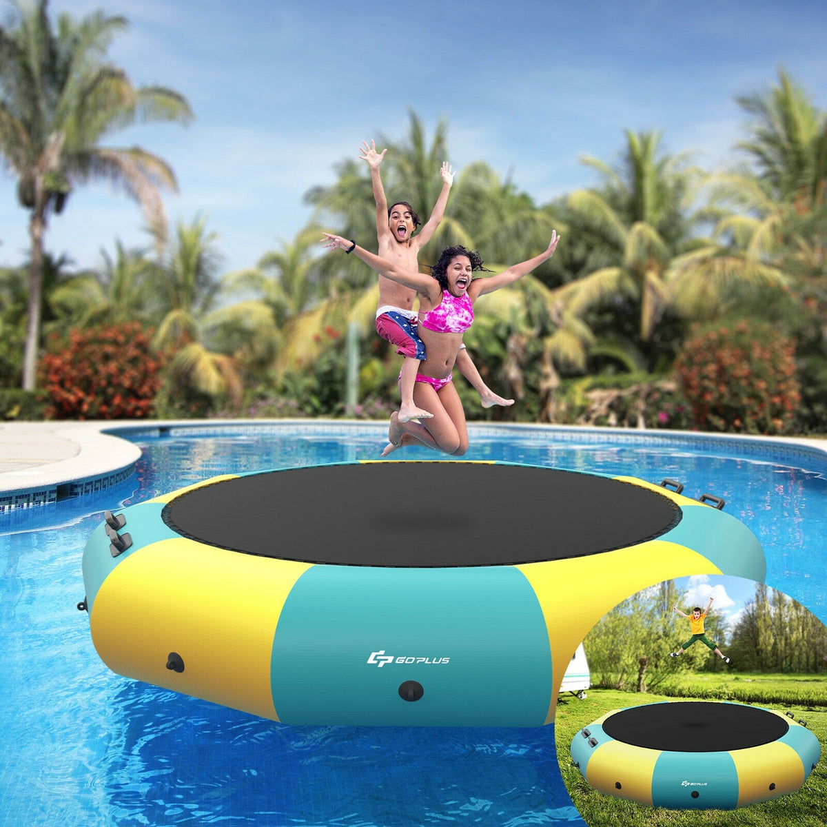10ft Inflatable Water Bouncer Trampoline with Inflator and Ladder-Trampolines-DECOROLALA