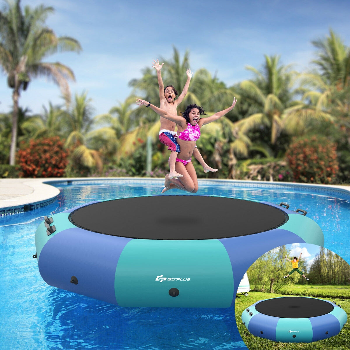 10ft Inflatable Water Bouncer Trampoline with Inflator and Ladder-Trampolines-DECOROLALA