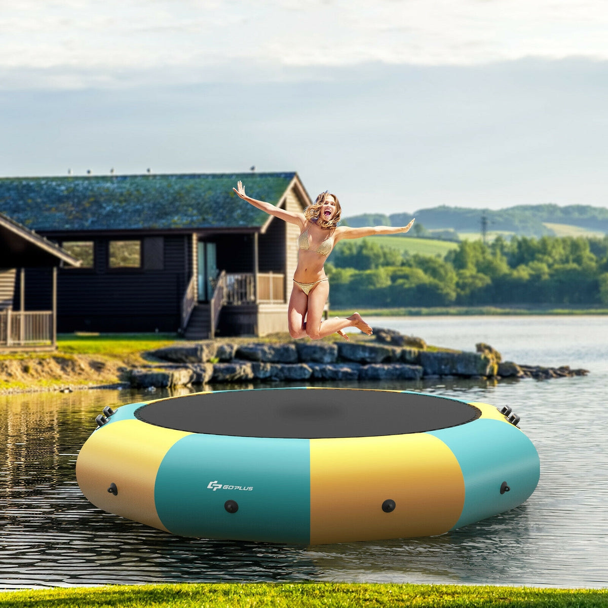 10ft Inflatable Water Bouncer Trampoline with Inflator and Ladder-Trampolines-DECOROLALA