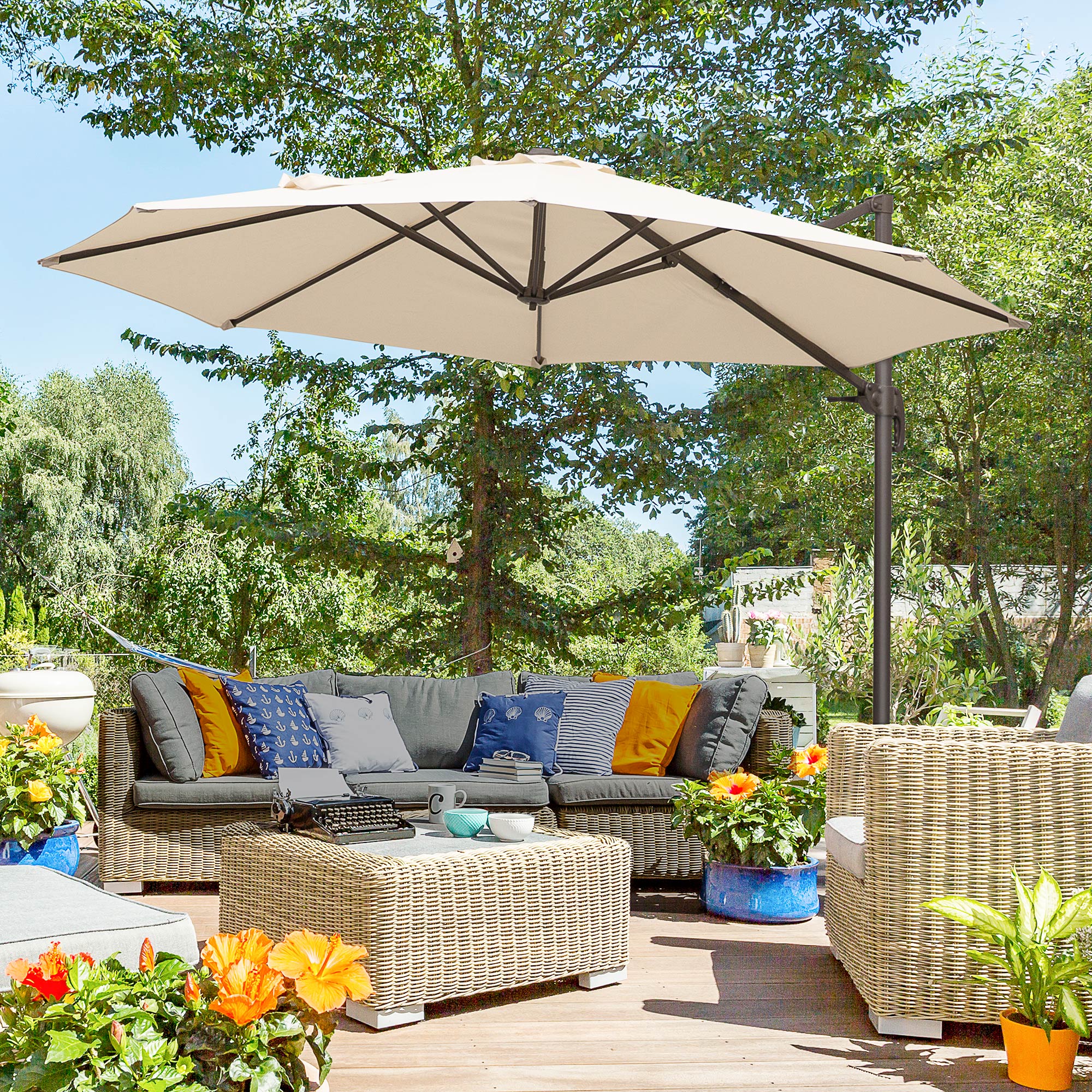 10ft Patio Umbrella 360° Rotatable, Cantilever Cream Shade for Garden Pool Deck-DECOROLALA