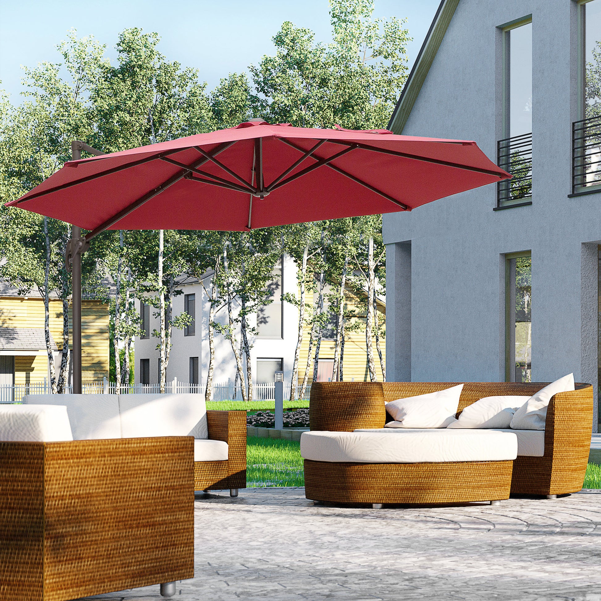 10ft Patio Umbrella Wine Red, 360° Rotation, Crank, Cross Base for Garden-DECOROLALA