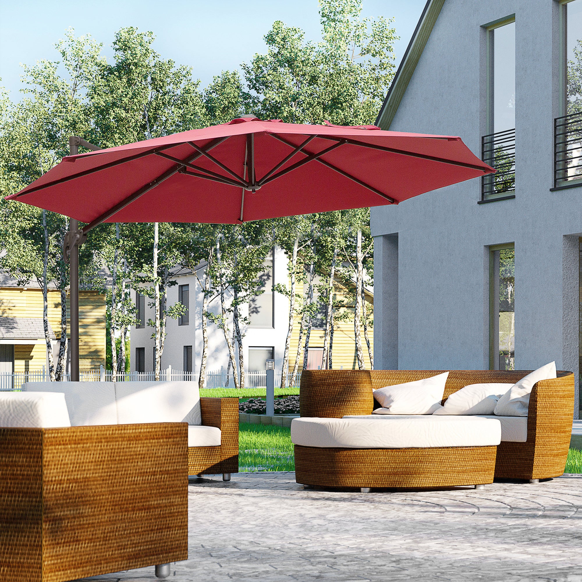 10ft Patio Umbrella Wine Red, 360° Rotation, Crank, Cross Base for Garden-DECOROLALA