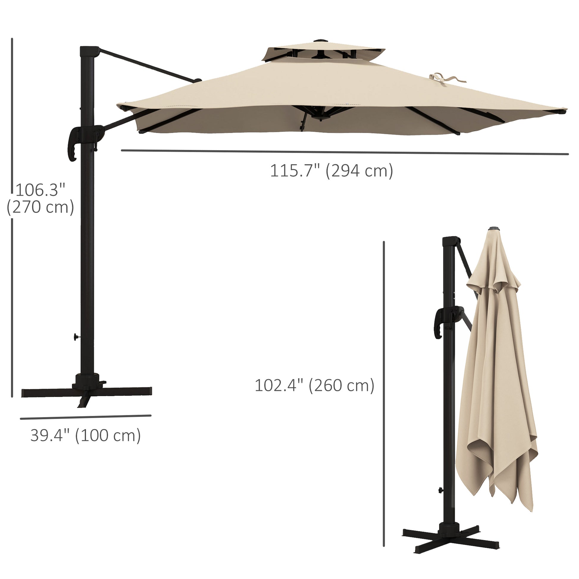 10ft Square Patio Umbrella, 360¡ Rotatable, Crank Handle, Khaki-DECOROLALA