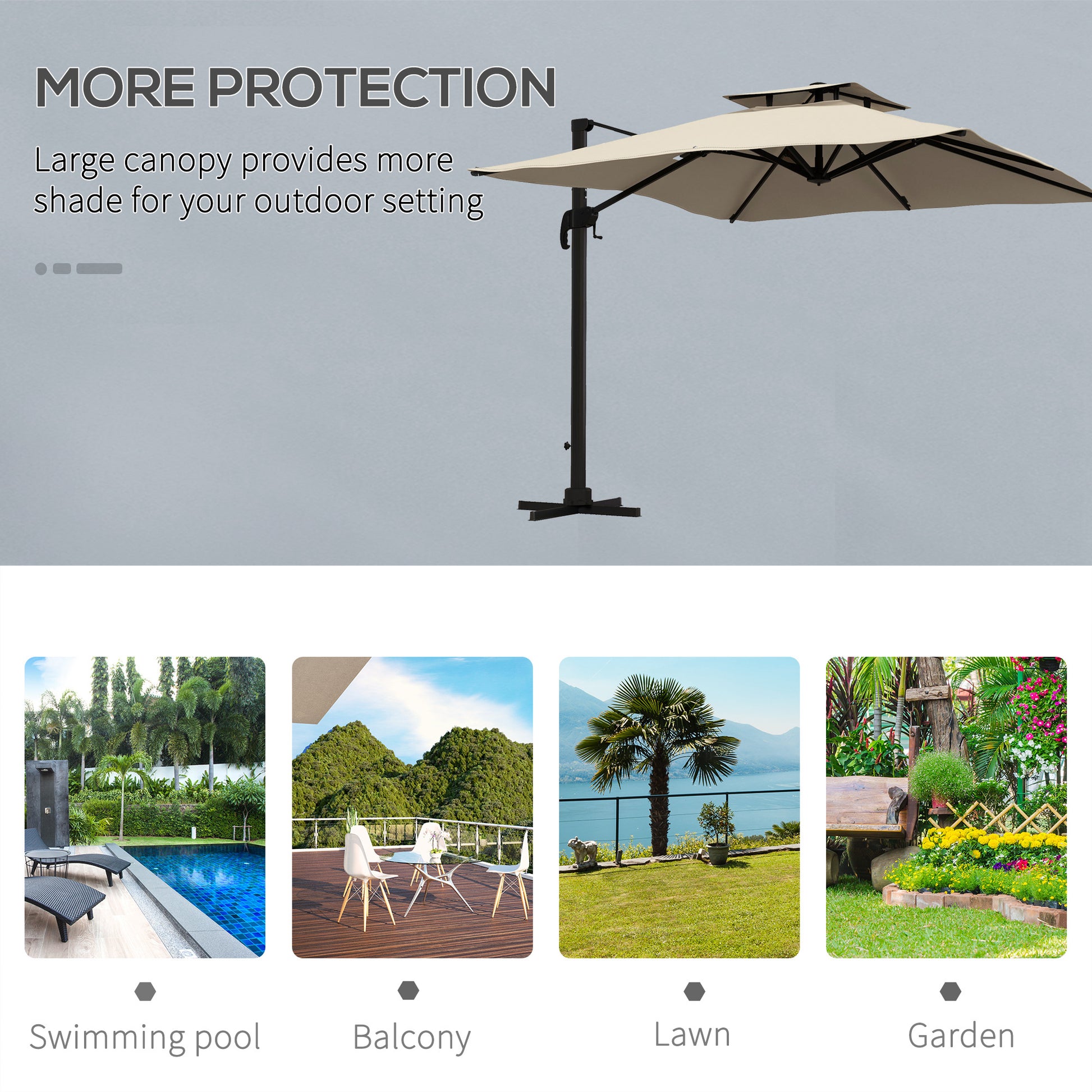 10ft Square Patio Umbrella, 360¡ Rotatable, Crank Handle, Khaki-DECOROLALA