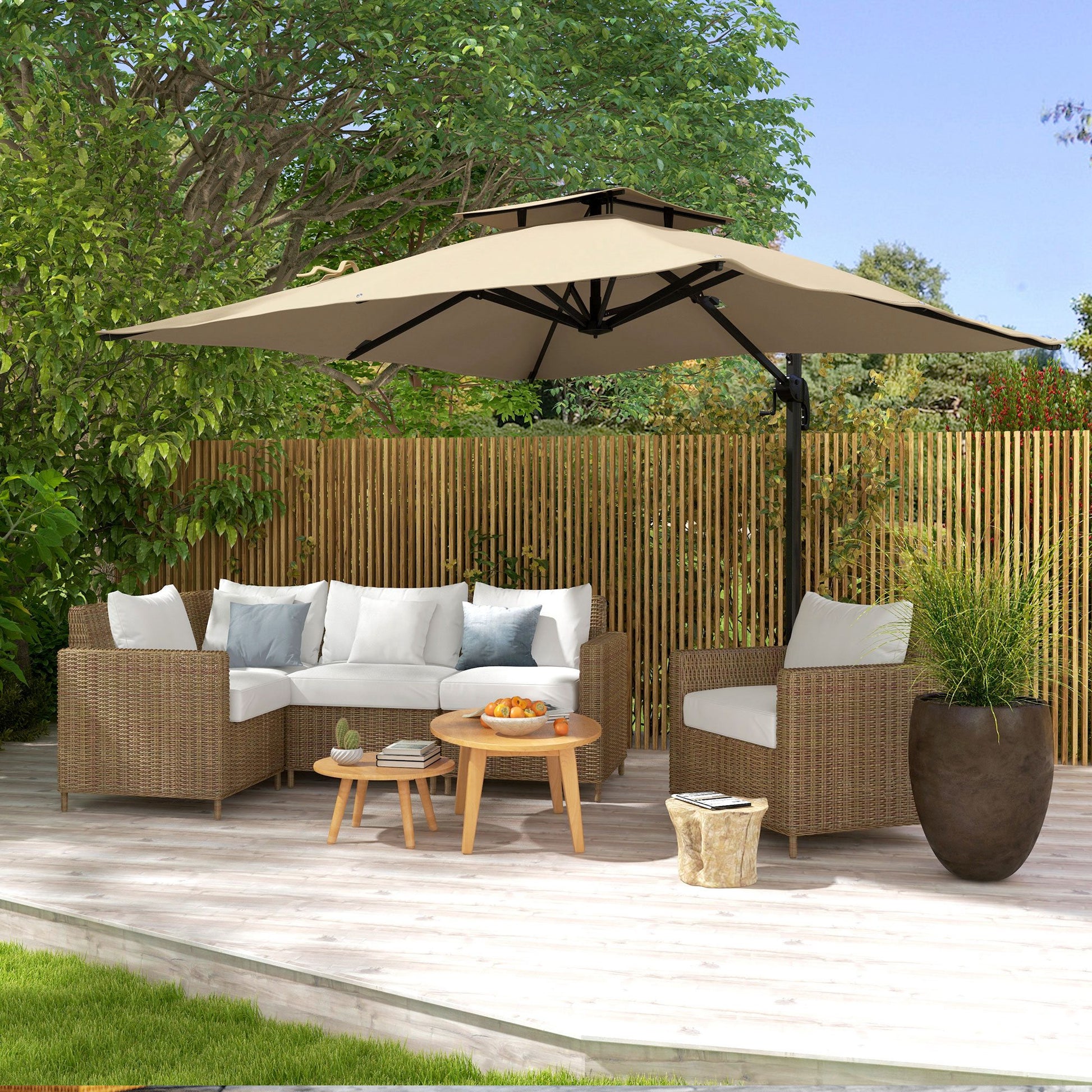 10ft Square Patio Umbrella, 360¡ Rotatable, Crank Handle, Khaki-DECOROLALA