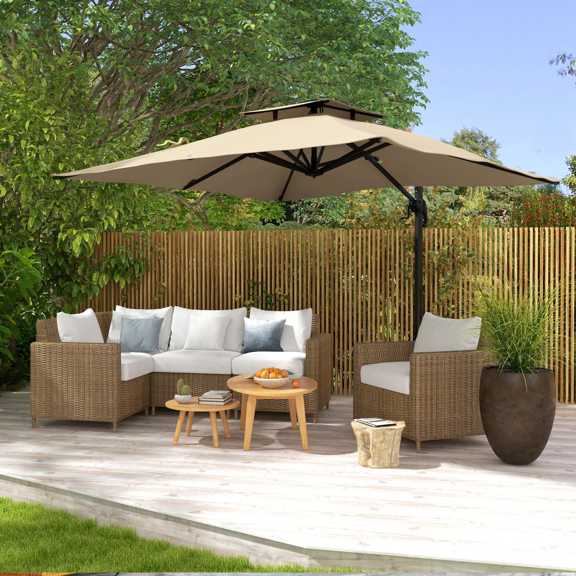 10ft Square Patio Umbrella, 360¡ Rotatable, Crank Handle, Khaki-DECOROLALA