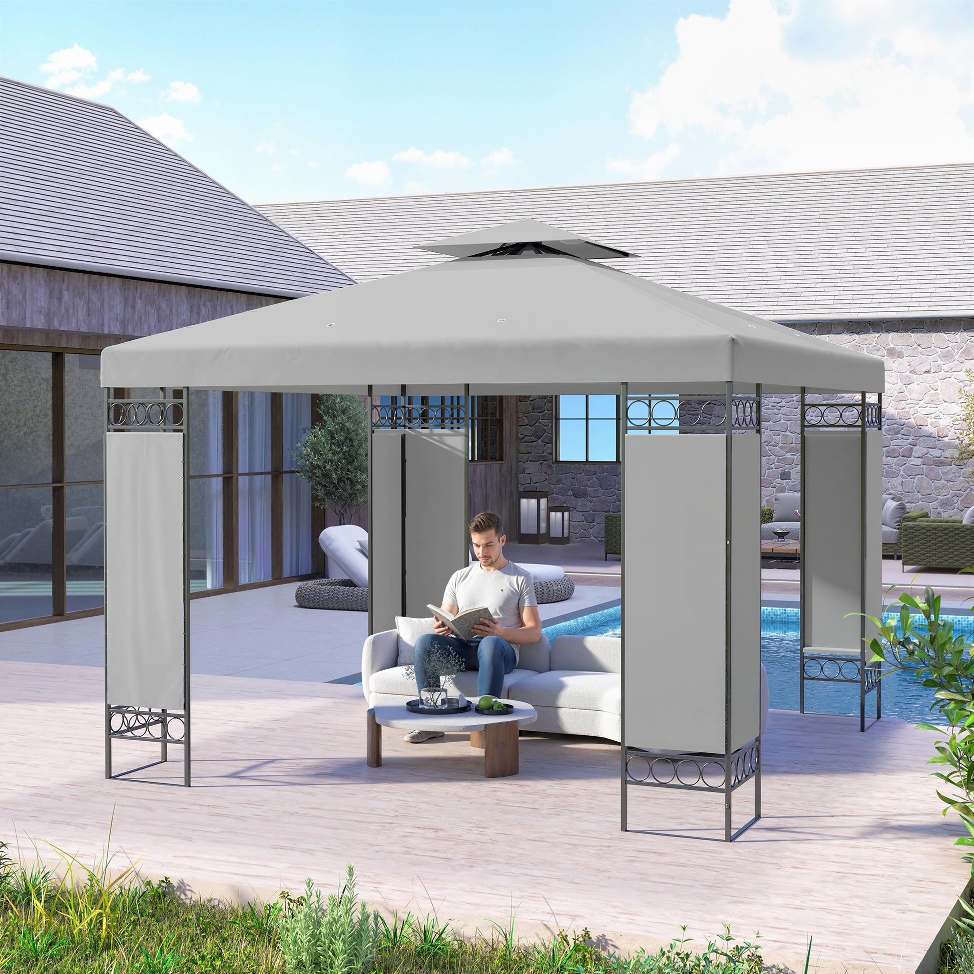 10x10 Canopy Gazebo - Double Roof Screen Light Grey-DECOROLALA